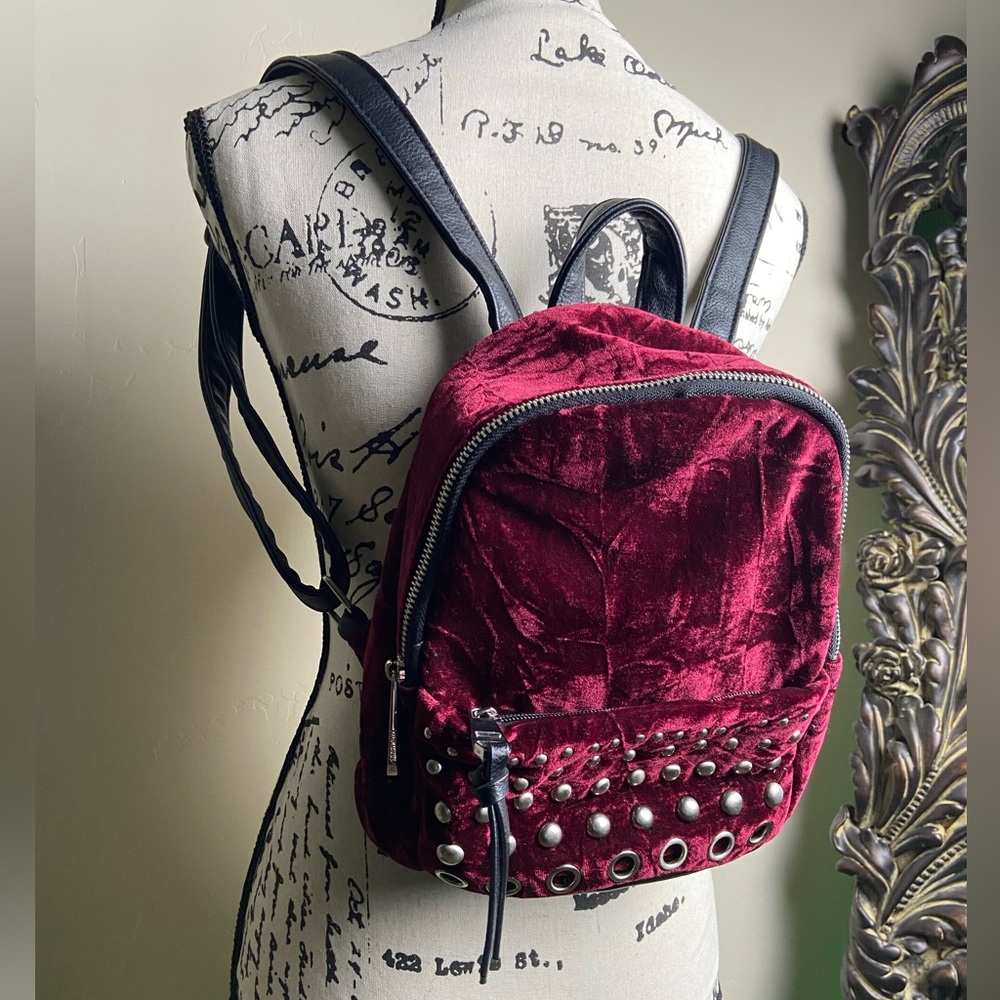 Steve Madden Dark Red Burgundy Velvet Backpack with Studs